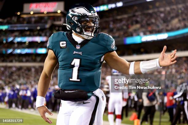Jalen Hurts of the Philadelphia Eagles celebrates after rushing for a touchdown against the New York Giants during the second quarter in the NFC...