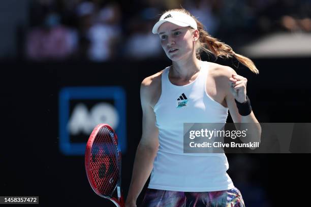 Elena Rybakina of Kazakhstan celebrates match point during the fourth round singles match against Iga Swiatek of Poland during day seven of the 2023...