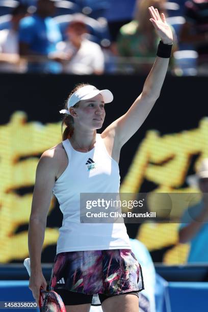 Elena Rybakina of Kazakhstan celebrates match point during the fourth round singles match against Iga Swiatek of Poland during day seven of the 2023...