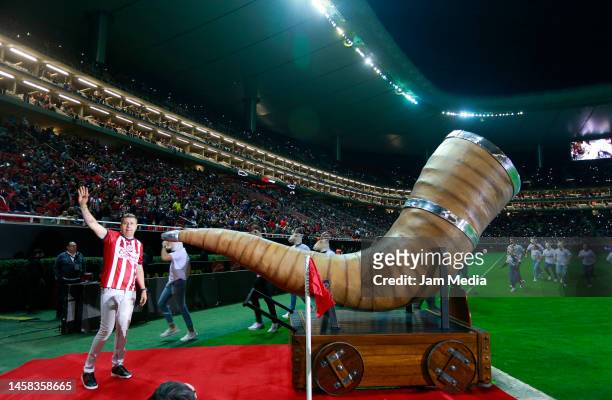 Adolfo Bautista gestures prior to the 3rd round match between Chivas and Toluca as part of the Torneo Clausura 2023 Liga MX at Akron Stadium on...