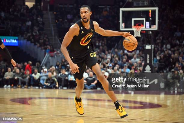 Evan Mobley of the Cleveland Cavaliers drives to the basket during the first half against the Milwaukee Bucks at Rocket Mortgage Fieldhouse on...
