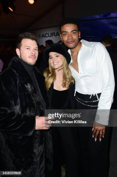 Jimmy Tatro, Zoey Deutch and Owen Thiele attend the Theater Camp Premiere Party hosted by Acura at Acura Festival Village during Sundance Film...