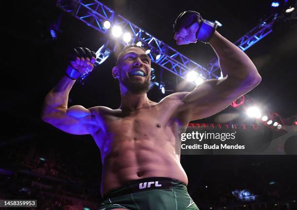 Johnny Walker of Brazil reacts after his knockout victory over Paul Craig of Scotland in a light heavyweight fight during the UFC 283 event at...