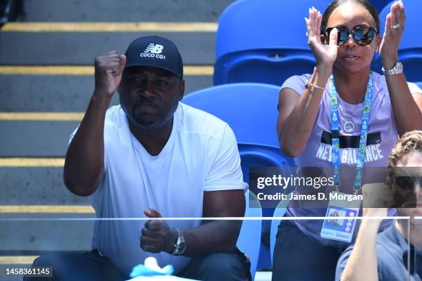 Corey Gauff and Candi Gauff parents of Coco Gauff of United States, watch on as she plays at her fourth round singles match against Jelena Ostapenko...