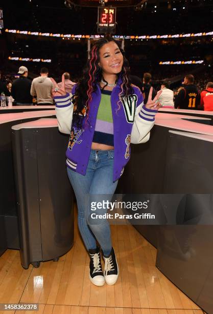 Actress Storm Reid attends the game between Charolette Hornets and the Atlanta Hawks at State Farm Arena on January 21, 2023 in Atlanta, Georgia.