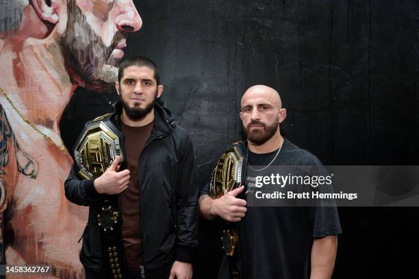 Lightweight champion, Islam Makhachev and UFC featherweight champion, Alex Volkanovski face off during a UFC284 Media Opportunity on January 22, 2023...