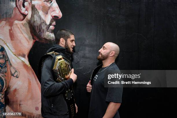 Lightweight champion, Islam Makhachev and UFC featherweight champion, Alex Volkanovski face off during a UFC284 Media Opportunity on January 22, 2023...