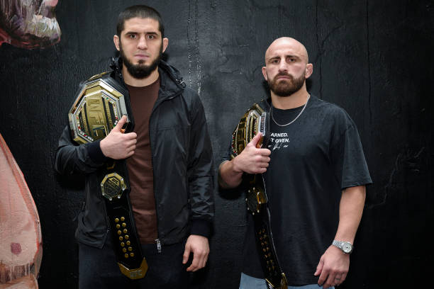 Lightweight champion, Islam Makhachev and UFC featherweight champion, Alex Volkanovski face off during a UFC284 Media Opportunity on January 22, 2023...