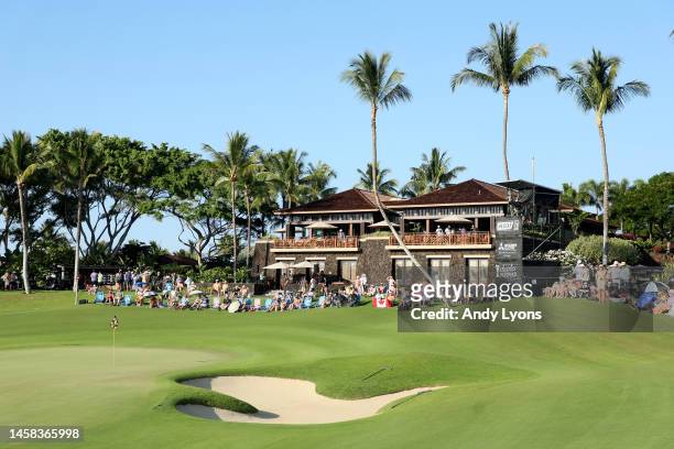The 18th green and clubhouse during the final round of the Mitsubishi Electric Championship at Hualalai at Hualalai Golf Club on January 21, 2023 in...