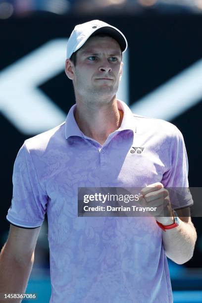 Hubert Hurkacz of Poland celebrates winning set point during the fourth round singles match against Sebastian Korda of the United States during day...