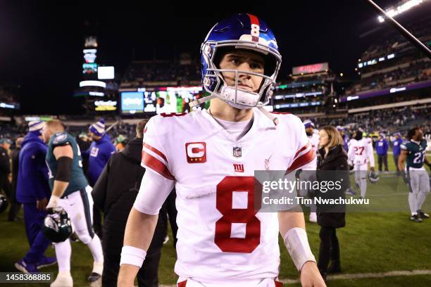 Daniel Jones of the New York Giants walks off the field after losing to the Philadelphia Eagles 38-7 in the NFC Divisional Playoff game at Lincoln...