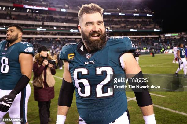 Jason Kelce of the Philadelphia Eagles celebrates on the field after defeating the New York Giants 38-7 in the NFC Divisional Playoff game at Lincoln...