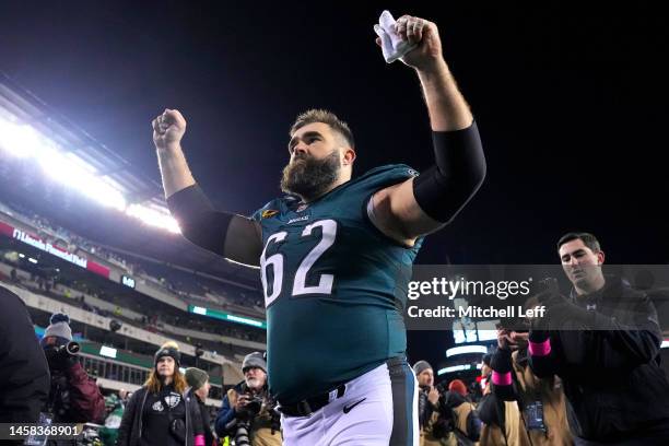 Jason Kelce of the Philadelphia Eagles celebrates on the field after defeating the New York Giants 38-7 in the NFC Divisional Playoff game at Lincoln...
