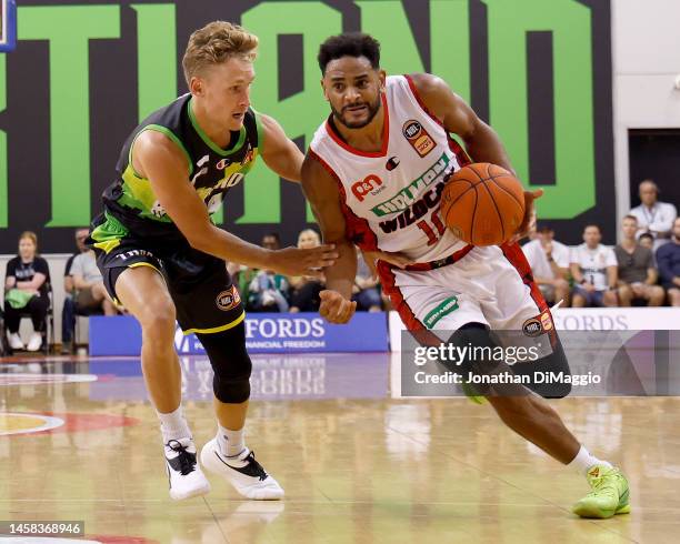 Corey Webster of the Wildcats drives to the basket during the round 16 NBL match between South East Melbourne Phoenix and Perth Wildcatse at State...