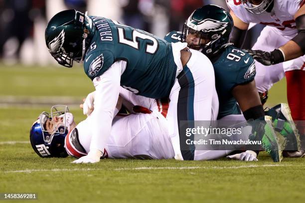 Brandon Graham of the Philadelphia Eagles sacks Daniel Jones of the New York Giants during the fourth quarter of the game in the NFC Divisional...