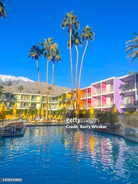 hotel swimming pool with mountain in distance, palm springs - palm springs californie stockfoto's en -beelden
