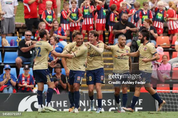 Angus Thurgate of the Jets celebrates his goal with team mates during the round 13 A-League Men's match between Newcastle Jets and Western Sydney...