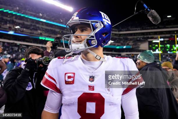 Daniel Jones of the New York Giants walks off the field after losing to the Philadelphia Eagles 38-7 in the NFC Divisional Playoff game at Lincoln...