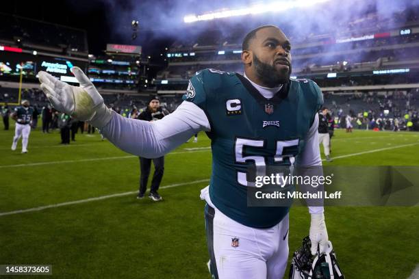Brandon Graham of the Philadelphia Eagles celebrates on the field after defeating the New York Giants 38-7 in the NFC Divisional Playoff game at...