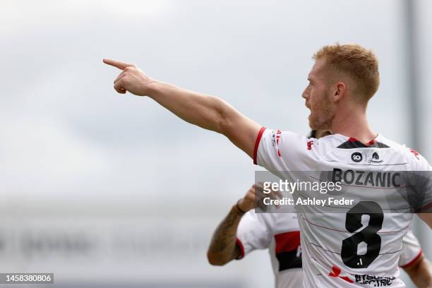 Oliver Bozanic of Western Sydney celebrates his goal with team mates during the round 13 A-League Men's match between Newcastle Jets and Western...