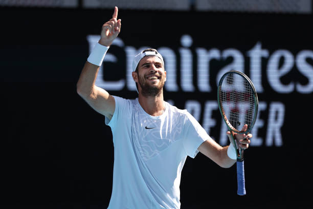 Karen Khachanov celebrates match point during the fourth round singles match against Yoshihito Nishioka of Japan during day seven of the 2023...