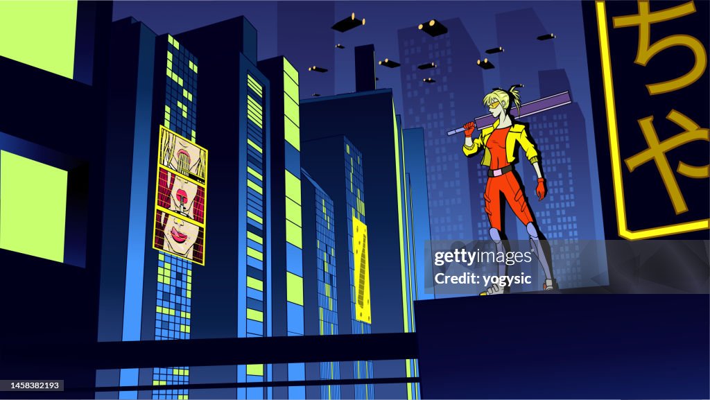 Vector Anime Style Female Assassin in a Cyberpunk City Stock Illustration