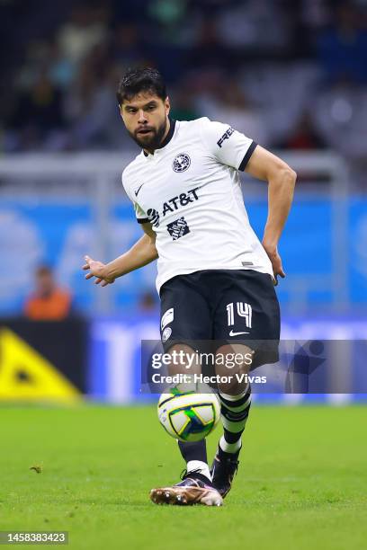 Nestor Araujo of America controls the ball during the 3rd round match between America and Puebla as part of the Torneo Clausura 2023 Liga MX at...