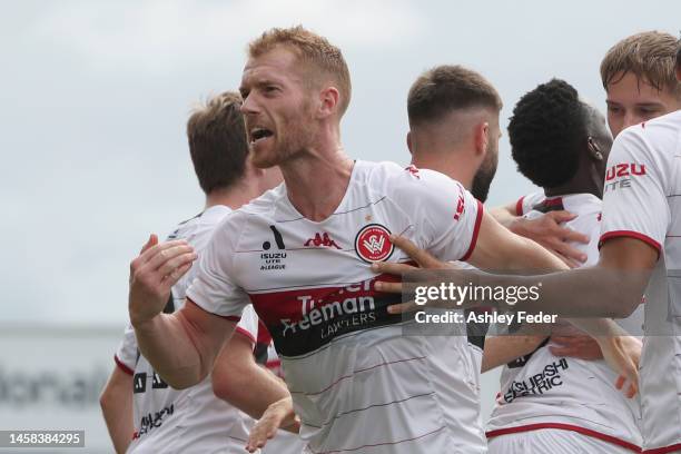 Oliver Bozanic of Western Sydney celebrates his goal with team mates during the round 13 A-League Men's match between Newcastle Jets and Western...