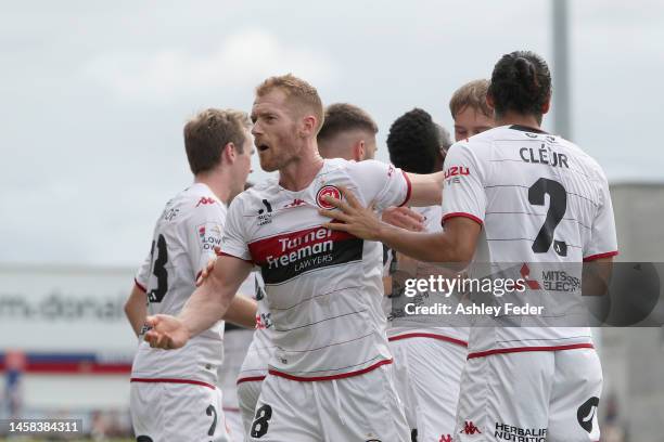 Oliver Bozanic of Western Sydney celebrates his goal with team mates during the round 13 A-League Men's match between Newcastle Jets and Western...