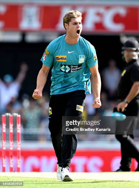 Spencer Johnson of the Heat celebrates victory after the Men's Big Bash League match between the Brisbane Heat and the Melbourne Stars at The Gabba,...