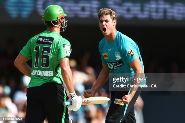 Spencer Johnson of the Heat celebrates after winning the Men's Big Bash League match between the Brisbane Heat and the Melbourne Stars at The Gabba,...