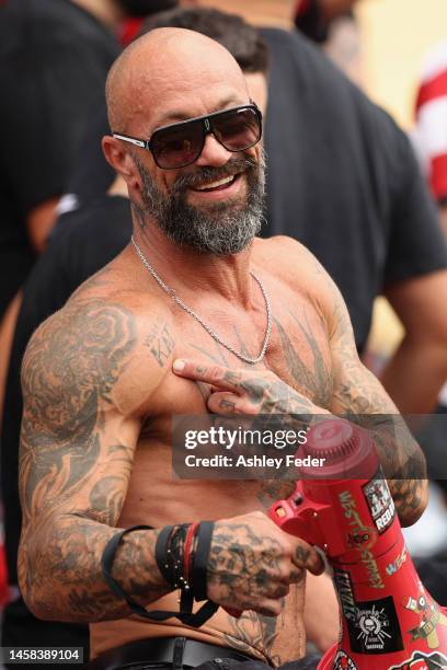 Western Sydney fans celebrate during the round 13 A-League Men's match between Newcastle Jets and Western Sydney Wanderers at McDonald Jones Stadium,...