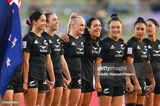 New Zealand sing the national anthem during the 2023 HSBC Sevens match between the United States and New Zealand at FMG Stadium on January 22, 2023...