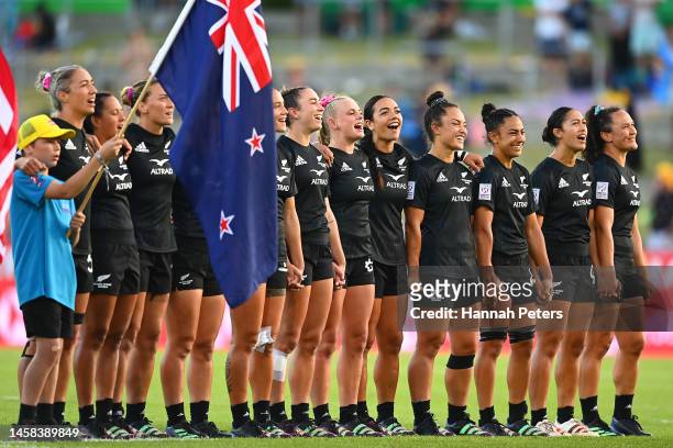 New Zealand sing the national anthem during the 2023 HSBC Sevens match between the United States and New Zealand at FMG Stadium on January 22, 2023...
