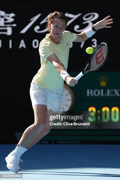 Sebastian Korda of the United States plays a backhand during the fourth round singles match against Hubert Hurkacz of Poland during day seven of the...