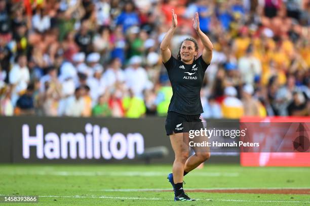 Portia Woodman-Wickliffe of New Zealand celebrates during the 2023 HSBC Sevens match between the United States and New Zealand at FMG Stadium on...