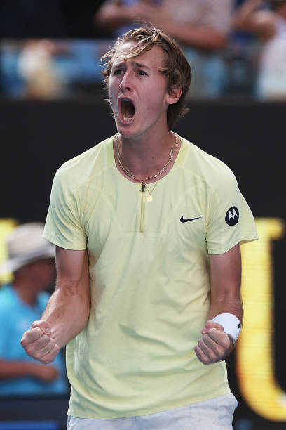 Sebastian Korda of the United States celebrates match point during the fourth round singles match against Hubert Hurkacz of Poland during day seven...