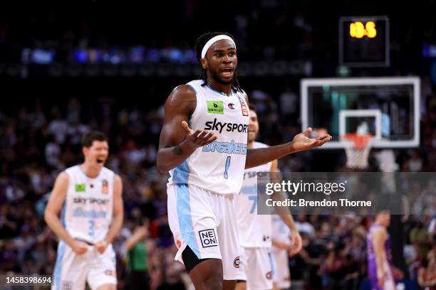 Jarrell Brantley of the Breakers celebrates during the round 16 NBL match between Sydney Kings and New Zealand Breakersz at Qudos Bank Arena, on...