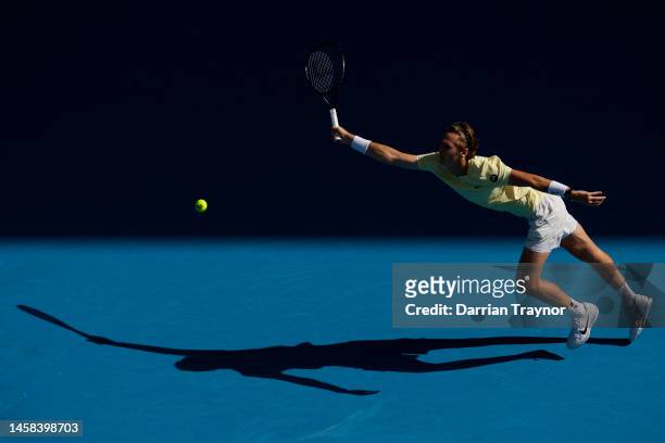 Sebastian Korda of the United States plays a forehand during the fourth round singles match against Hubert Hurkacz of Poland during day seven of the...