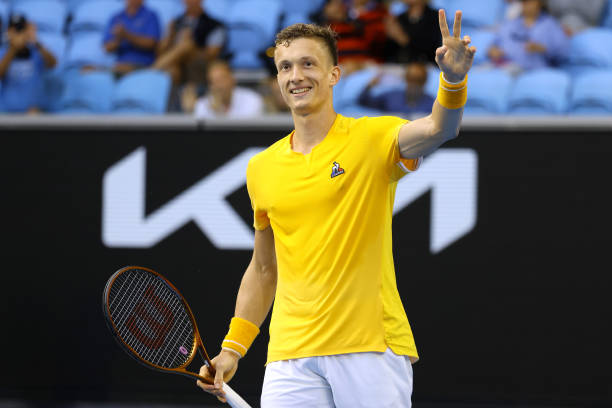 Jiri Lehecka of the Czech Republic celebrates victory in the fourth round singles match against Felix Auger-Aliassime of Canada during day seven of...