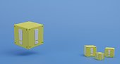 Yellow item box with white exclamation marks 3D render illustration