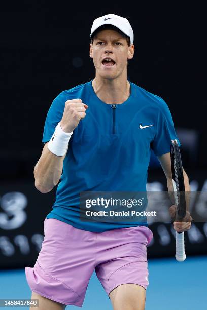 Jannik Sinner of Italy reacts during the fourth round singles match against Stefanos Tsitsipas of Greece during day seven of the 2023 Australian Open...