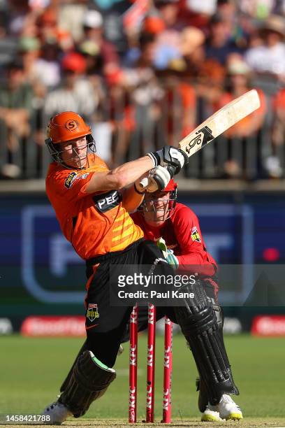 Cameron Bancroft of the Scorchers bats during the Men's Big Bash League match between the Perth Scorchers and the Melbourne Renegades at Optus...