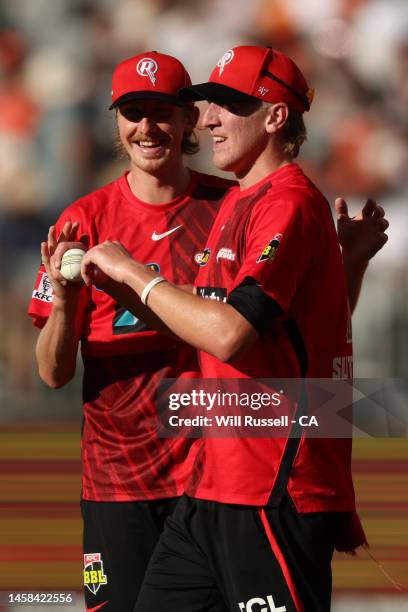 Will Sutherland of the Renegades celebrates after taking a catch to dismiss Nick Hobson of the Scorchers during the Men's Big Bash League match...