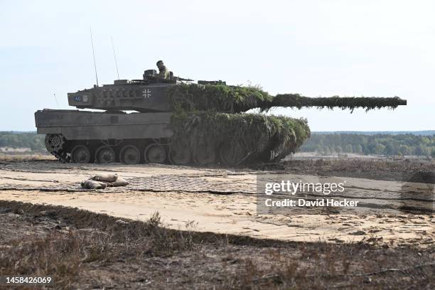 Leopard 2 main battle tank of the Bundeswehr is seen during a visit by German Chancellor Olaf Scholz to the Bundeswehr army training center in...
