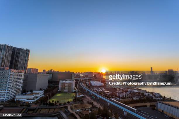 aerial view of tokyo city in the morning, toyosu aera. - kachidoki tokyo stock pictures, royalty-free photos & images
