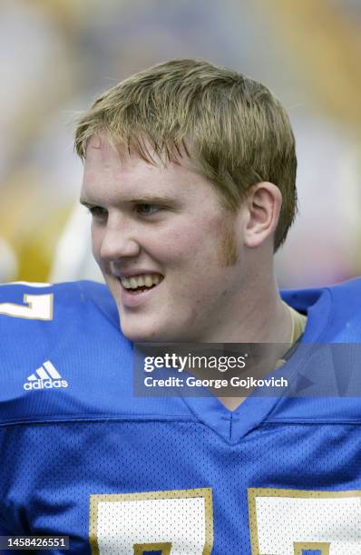 Offensive lineman Zach Haulman of the University of Pittsburgh Panthers looks on from the field before a college football game against the Youngstown...