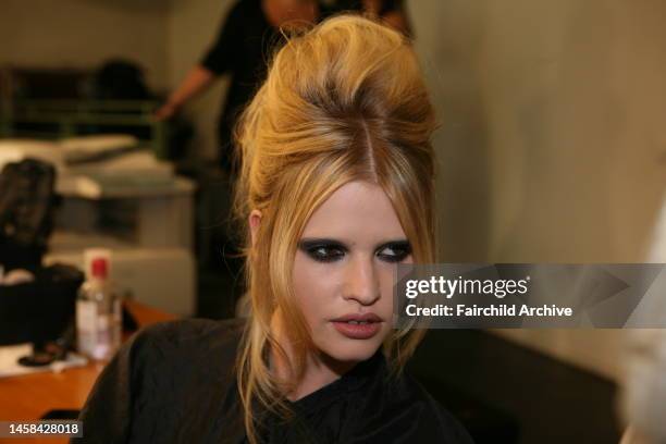 Model Lara Stone backstage at Jean Paul Gaultier's fall 2009 haute couture runway show at 325 rue Saint-Martin in Paris.