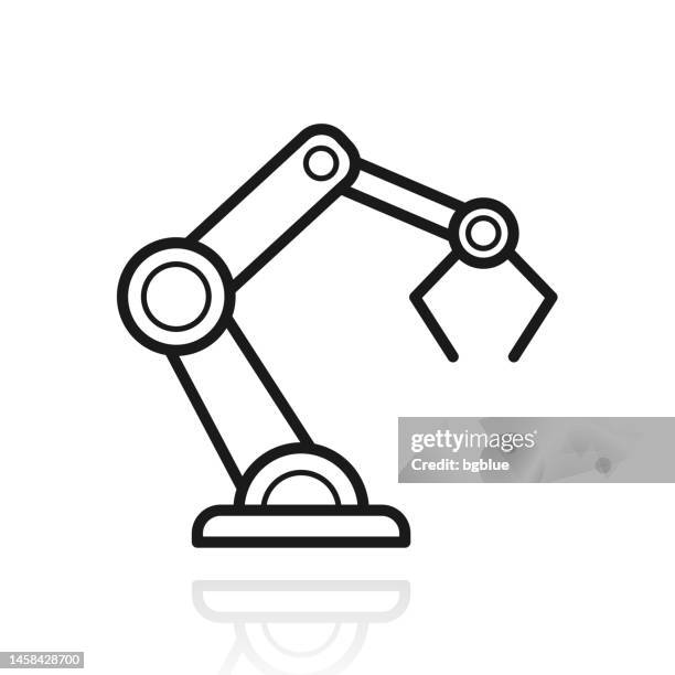 robotic arm. icon with reflection on white background - robotics white background stock illustrations