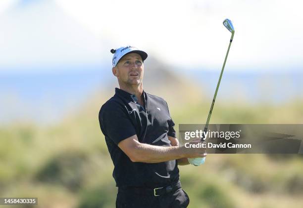 Alex of Sweden plays his second shot on the second hole during the final round on day four of the Abu Dhabi HSBC Championship at Yas Links Golf...